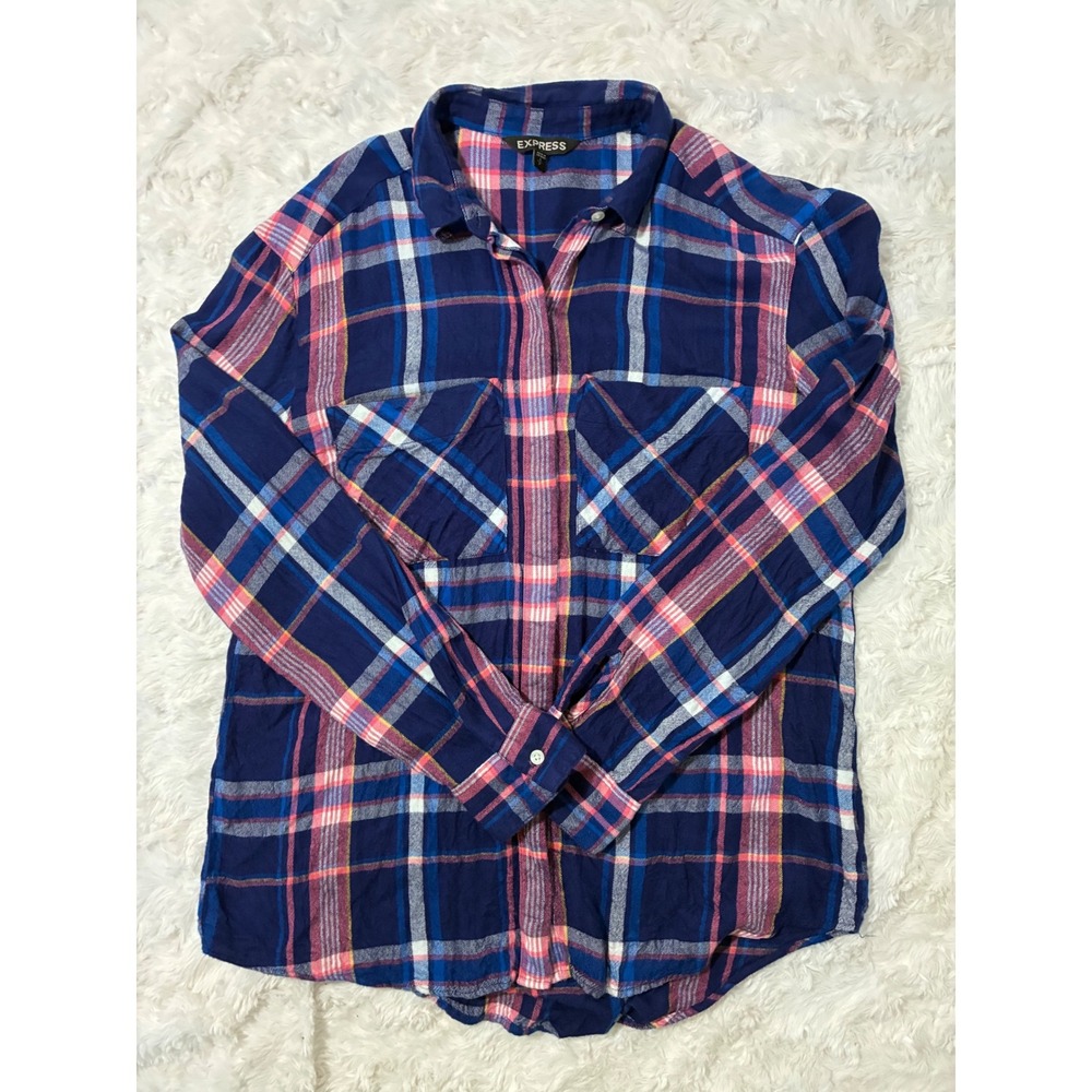 Express Womens Navy Blue Pink Plaid Button Down Flannel Shirt Small Soft Fall